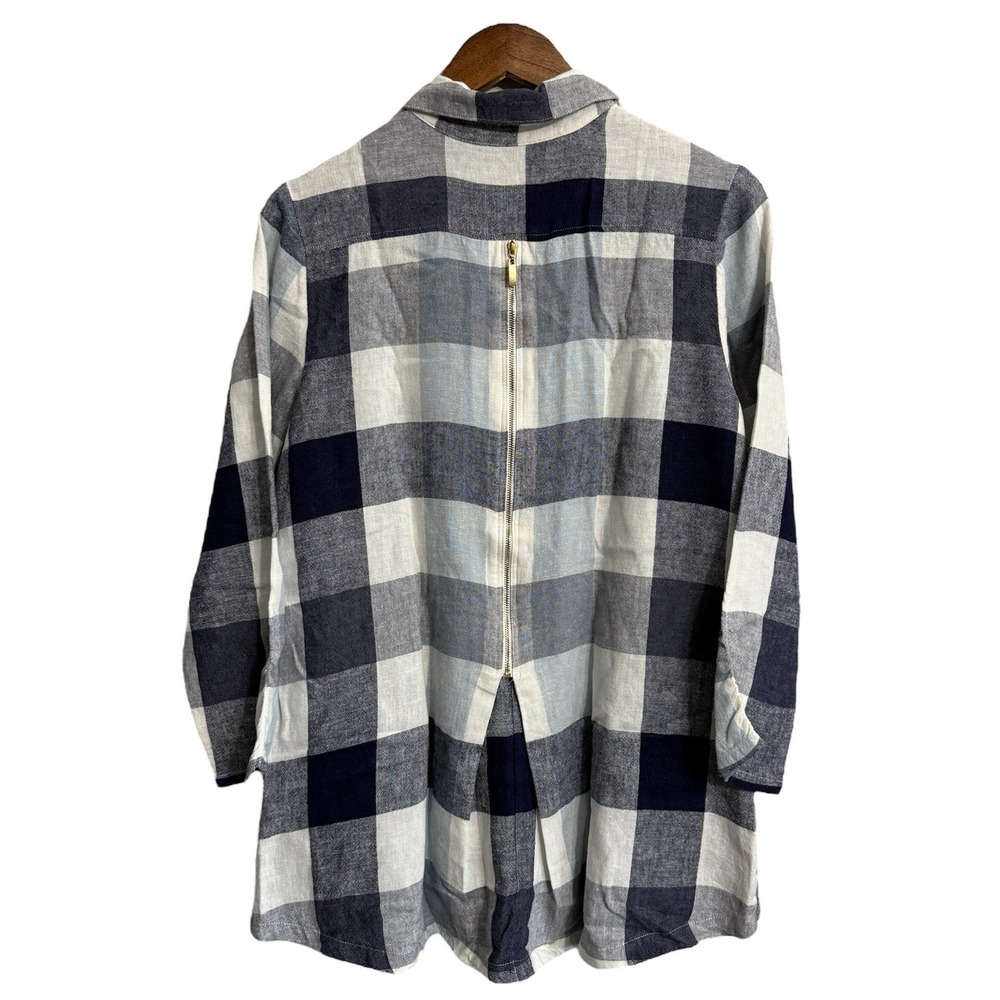 Soft Surroundings top women's medium blue plaid linen blend exposed zipper tunic